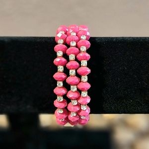 Beaded Pink Rhinestone Wire Wrap Bangle Bracelet One Size Adjustable Barbie Pink